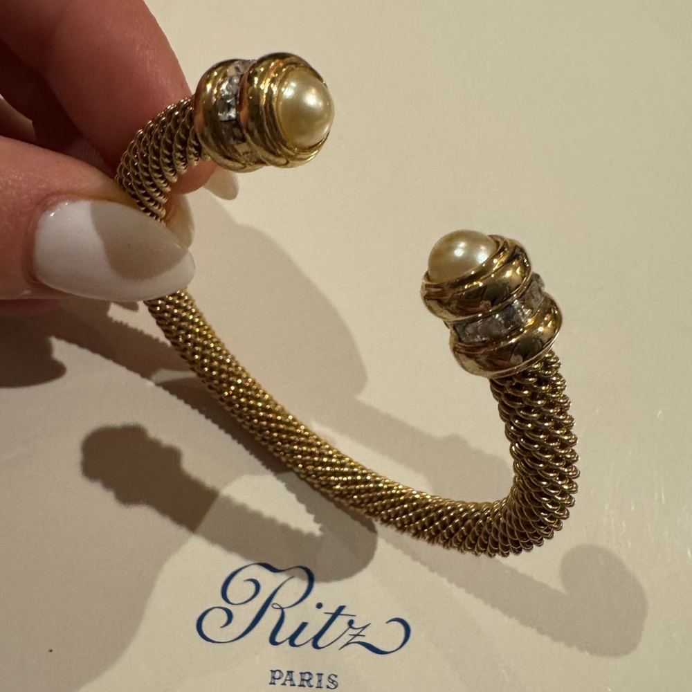 Vintage gold tone with faux pearls and crystals cuff bracelet